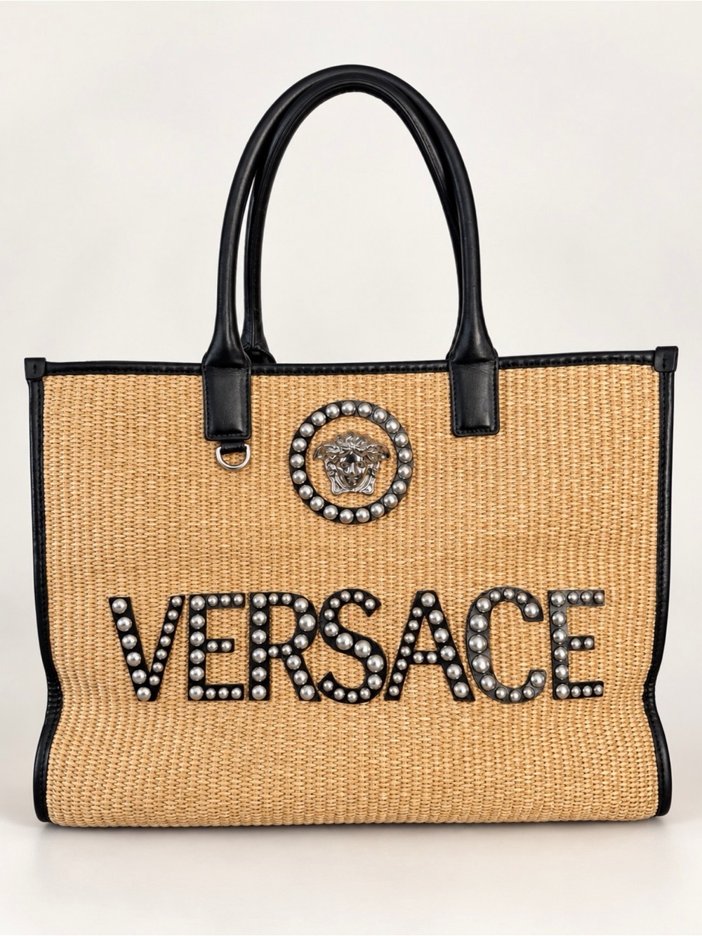 Versace Raffia Tote with Black Trim and Silver-Stud Logo